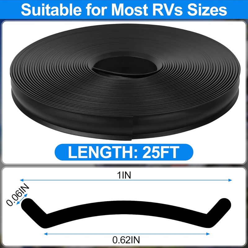 phepetroll 1" RV Trim Molding Insert, 25 FT Heavy Duty RV TPE Trim Molding Weather Stripping Exterior Replacement, Waterproof Screw Cover Corner for Camper Travel Trailer Boat Channel, Black - Image 2
